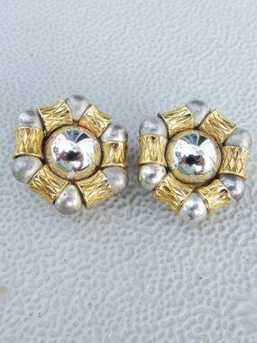 Vintage Signed Liz Claiborne Gold Pewter Tone Cabochon Wide Paddle Clip Earrings